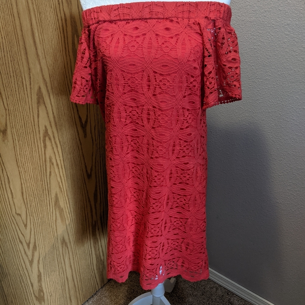 Maggie London Eyelit Coral Off The Shoulder Dress Size 8